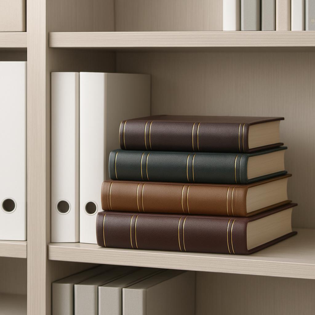 A stack of variously bound books sit atop one of a pale shelving unit's wooden slats among three white binders. The book -...