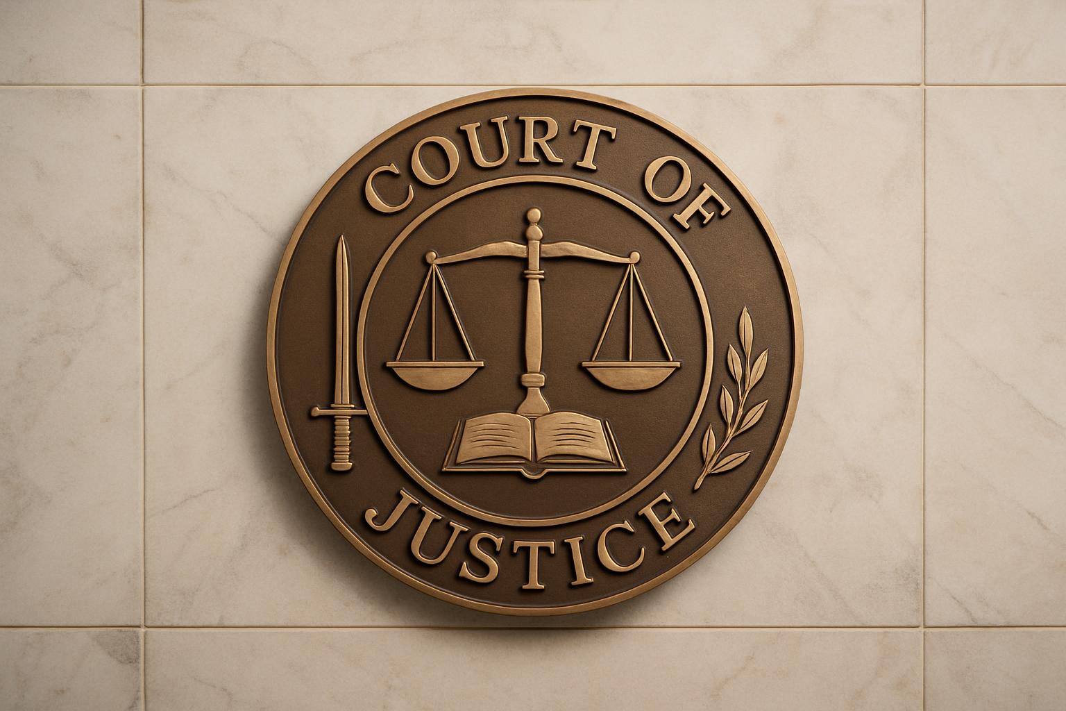 The seal of a Court of Justice is surrounded by the words "Court of Justice" on a marble background. It consists of an ope...