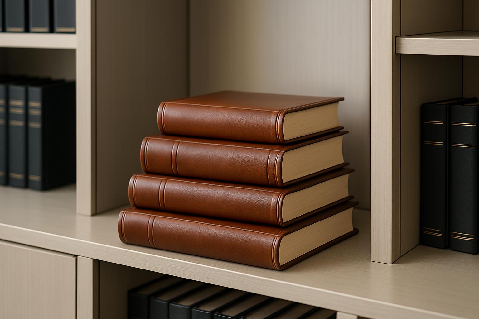 A stack of brown monograph volumes displayed on a bookshelf.