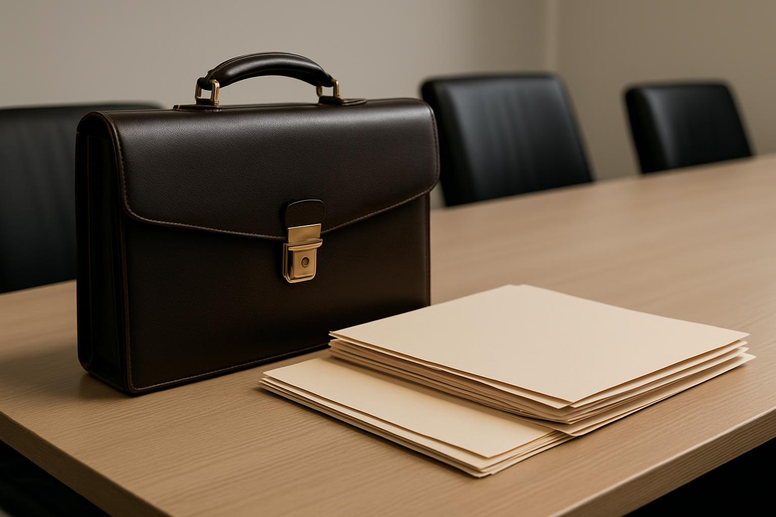 A dark brown leather briefcase bag on a light wooden conference room table, accompanied by a cream-colored stack of docume...